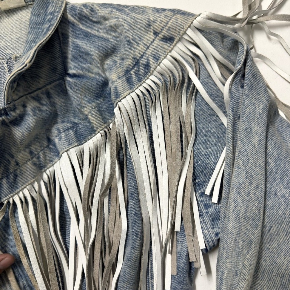 Vintage Acid Wash Denim Fringe Jacket Western 80s Boho Blue White Grey Leather - Picture 2 of 9